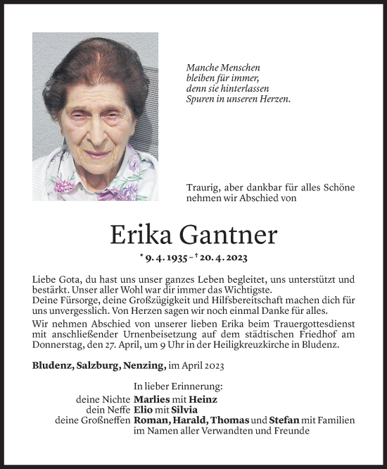 Todesanzeige von Erika Gantner von Vorarlberger Nachrichten