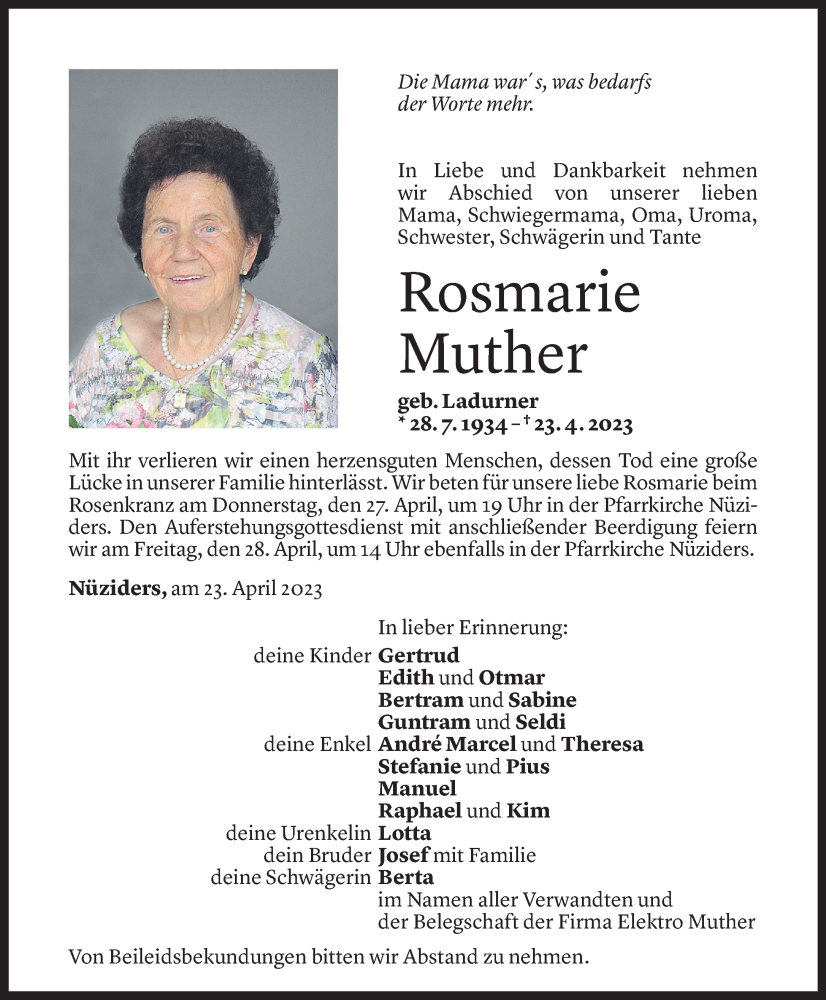 Todesanzeige für Rosmarie Muther vom 26.04.2023 aus Vorarlberger Nachrichten