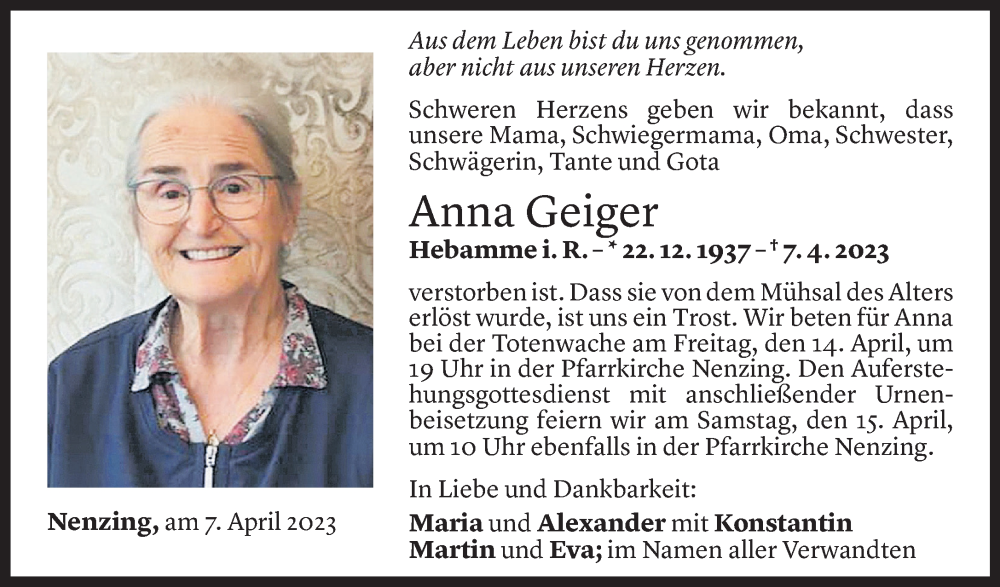  Todesanzeige für Anna Geiger vom 12.04.2023 aus Vorarlberger Nachrichten