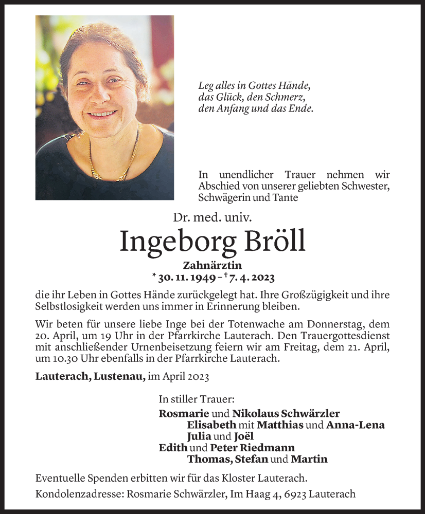  Todesanzeige für Ingeborg Bröll vom 18.04.2023 aus Vorarlberger Nachrichten