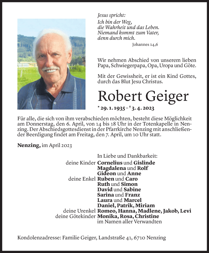  Todesanzeige für Robert Geiger vom 04.04.2023 aus Vorarlberger Nachrichten