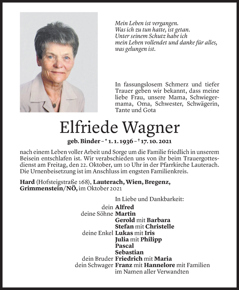  Todesanzeige für Elfriede Wagner vom 19.10.2021 aus Vorarlberger Nachrichten