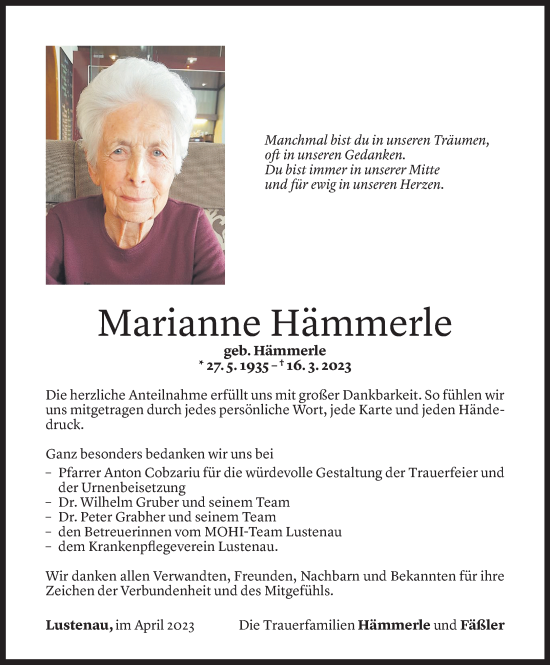 Todesanzeige von Marianne Hämmerle von Vorarlberger Nachrichten