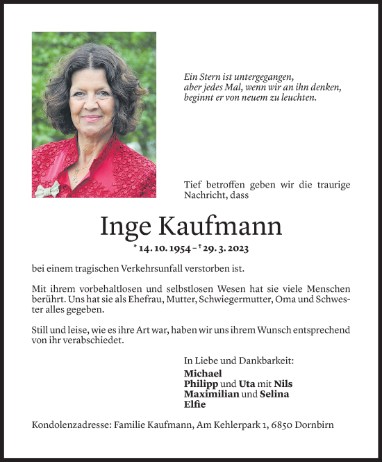 Todesanzeige von Inge Kaufmann von Vorarlberger Nachrichten