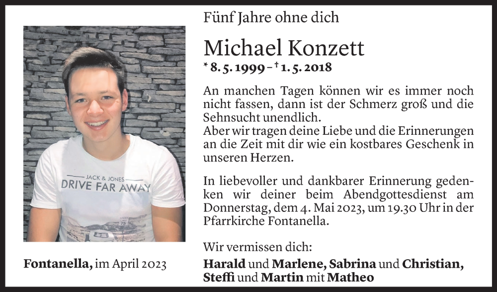  Todesanzeige für Michael Konzett vom 28.04.2023 aus Vorarlberger Nachrichten