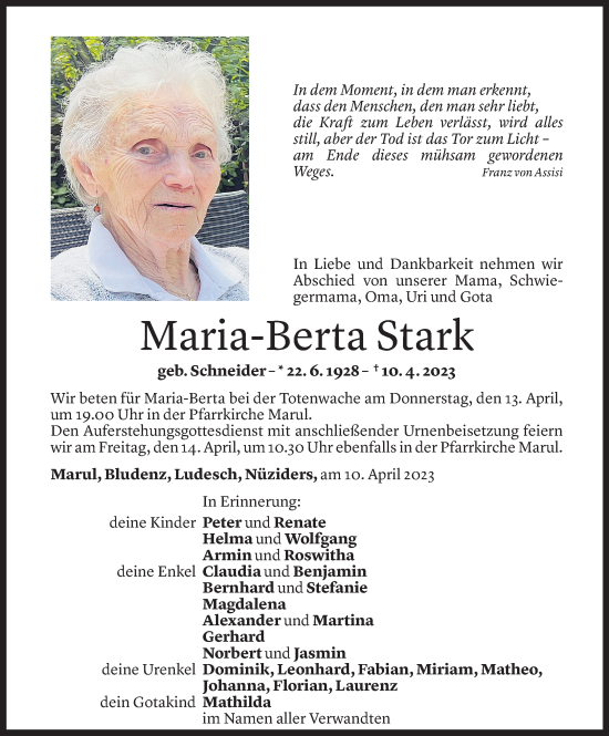Todesanzeige von Maria-Berta Stark von vorarlberger nachrichten