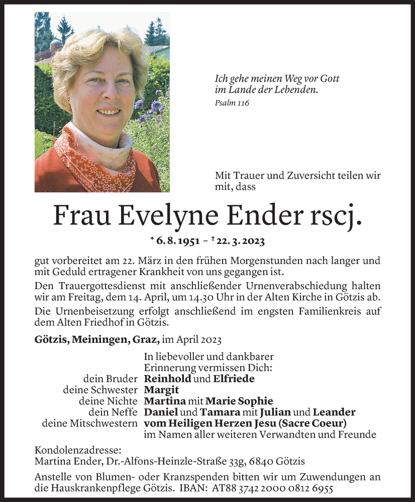  Todesanzeige für Evelyne Ender vom 11.04.2023 aus Vorarlberger Nachrichten