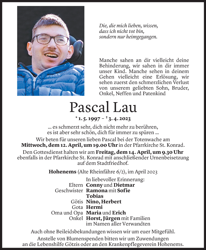  Todesanzeige für Pascal Lau vom 08.04.2023 aus Vorarlberger Nachrichten