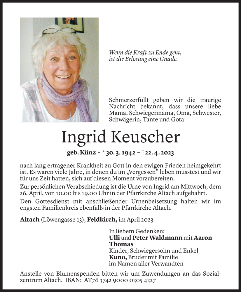  Todesanzeige für Ingrid Keuscher vom 25.04.2023 aus Vorarlberger Nachrichten