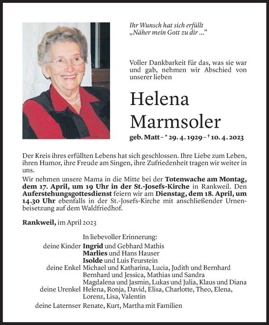 Todesanzeige von Helena Marmsoler von Vorarlberger Nachrichten