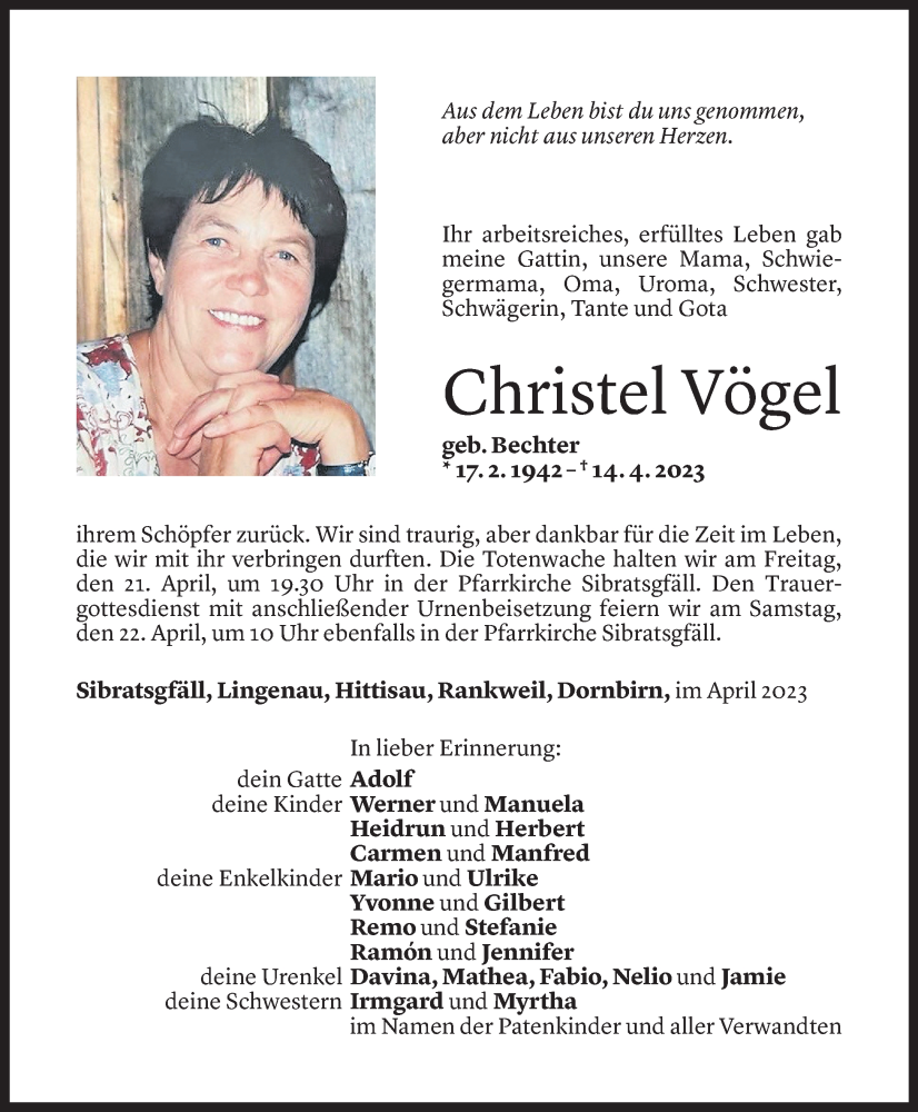  Todesanzeige für Christel Vögel vom 19.04.2023 aus Vorarlberger Nachrichten