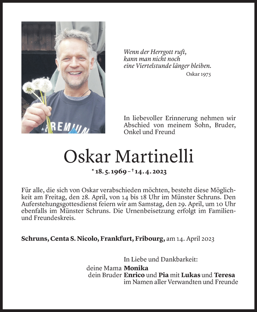  Todesanzeige für Oskar Martinelli vom 21.04.2023 aus Vorarlberger Nachrichten