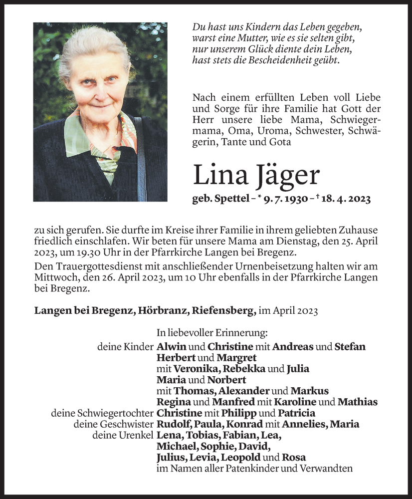 Todesanzeigen von Lina Jäger | Todesanzeigen Vorarlberger Nachrichten