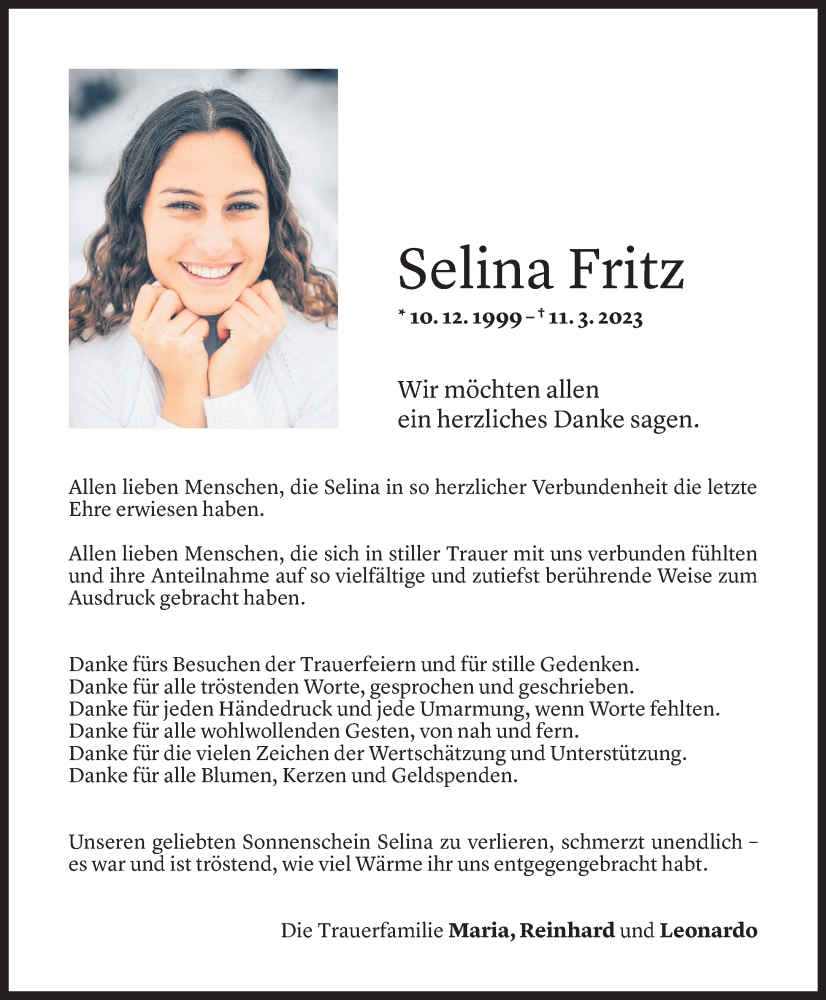  Todesanzeige für Selina Fritz vom 15.04.2023 aus Vorarlberger Nachrichten