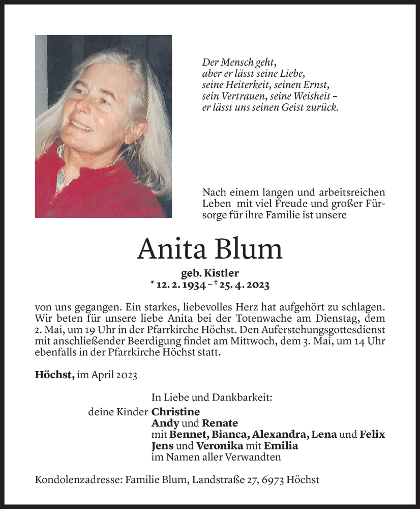  Todesanzeige für Anita Blum vom 27.04.2023 aus Vorarlberger Nachrichten