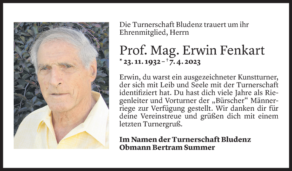  Todesanzeige für Erwin Fenkart vom 20.04.2023 aus Vorarlberger Nachrichten