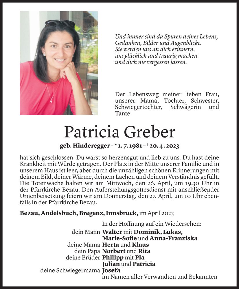  Todesanzeige für Patricia Greber vom 25.04.2023 aus Vorarlberger Nachrichten