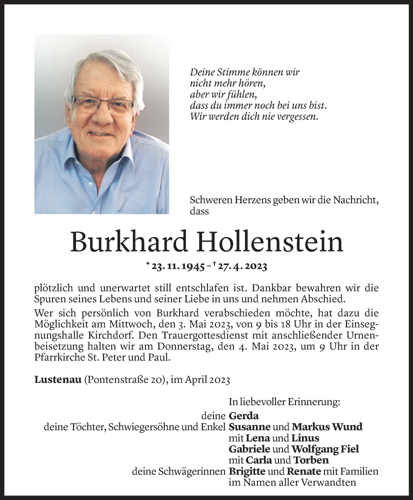  Todesanzeige für Burkhard Hollenstein vom 28.04.2023 aus Vorarlberger Nachrichten
