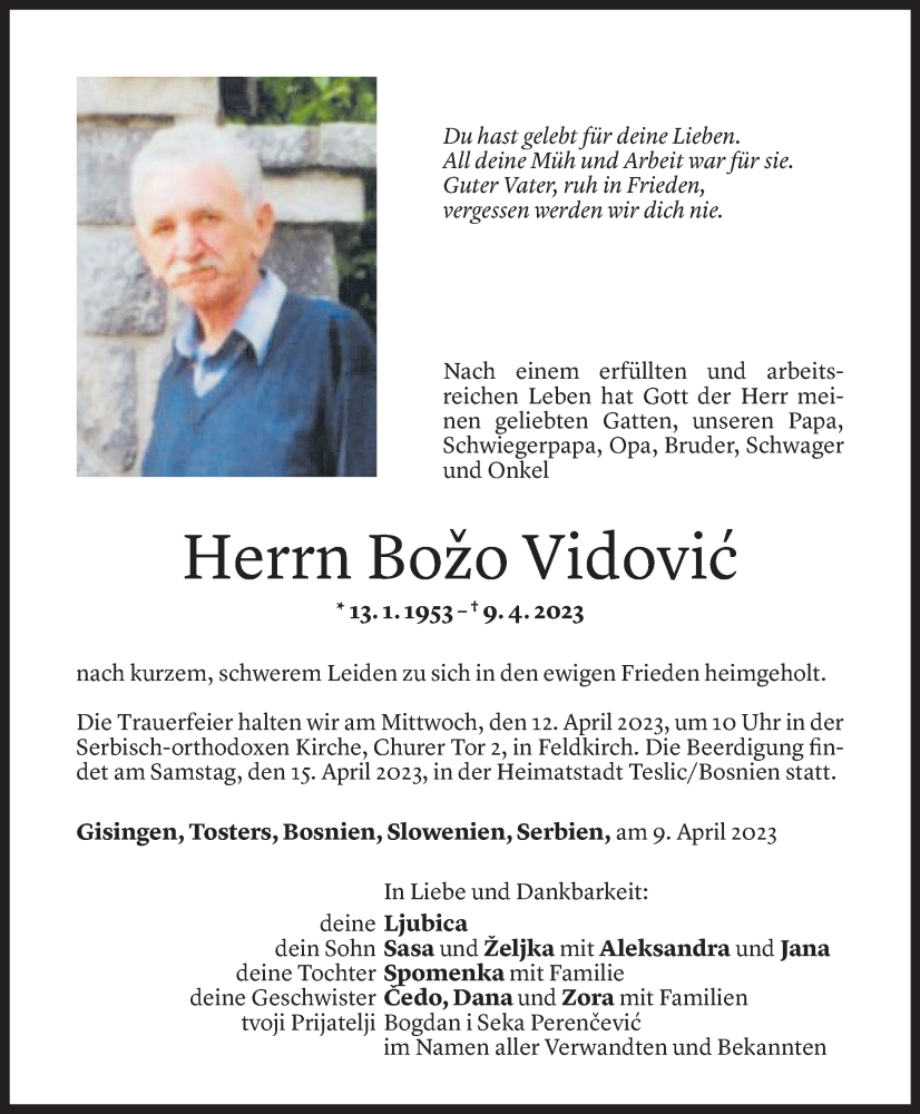  Todesanzeige für Božo Vidovic vom 11.04.2023 aus Vorarlberger Nachrichten