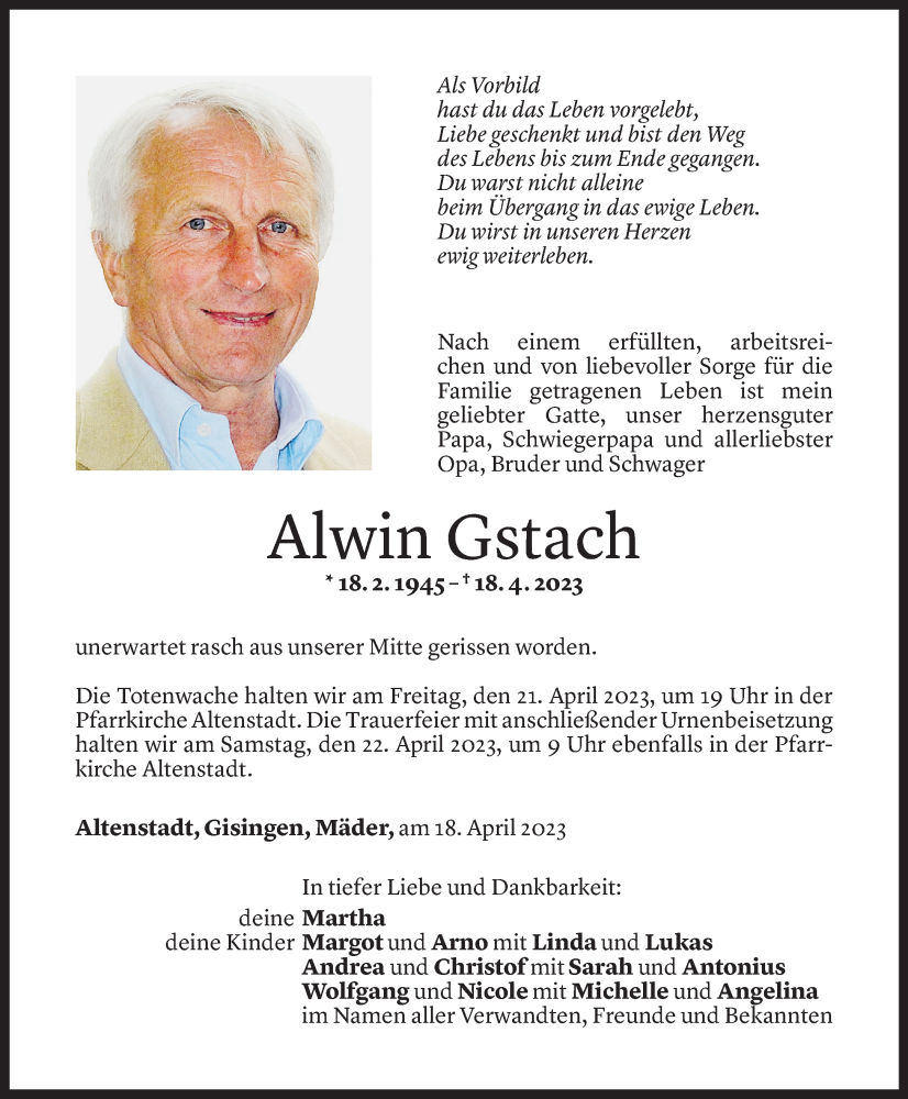  Todesanzeige für Alwin Gstach vom 20.04.2023 aus Vorarlberger Nachrichten
