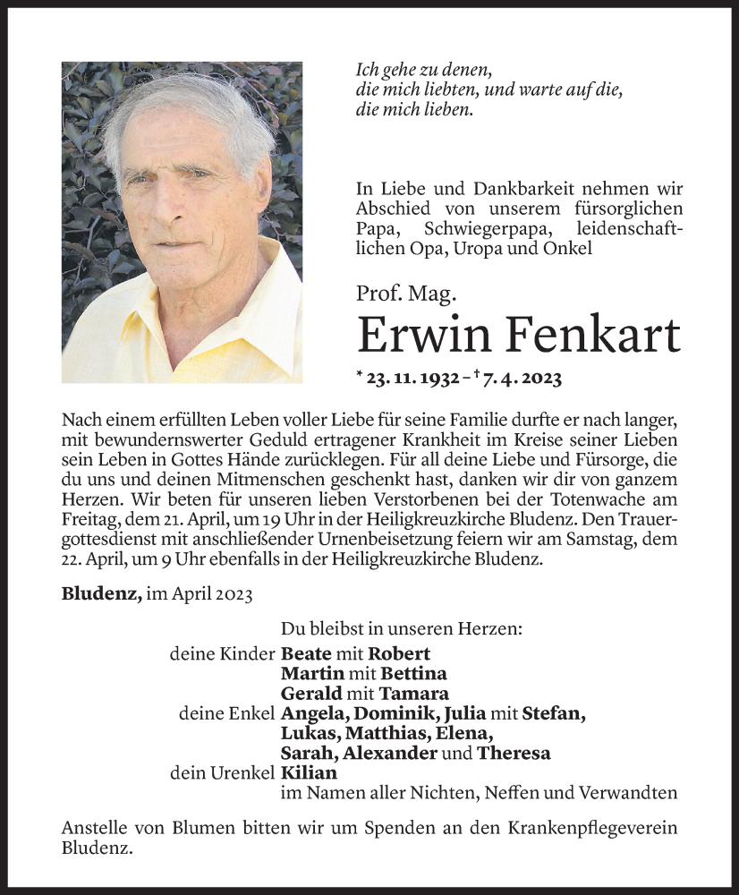  Todesanzeige für Erwin Fenkart vom 15.04.2023 aus Vorarlberger Nachrichten