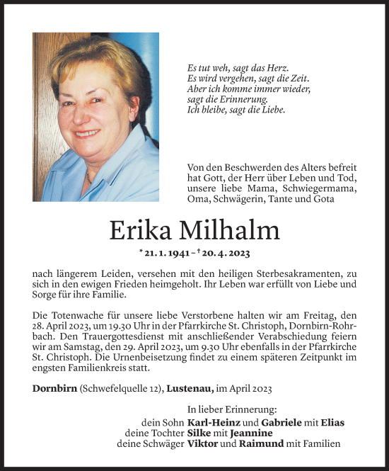 Todesanzeige von Erika Milhalm von Vorarlberger Nachrichten