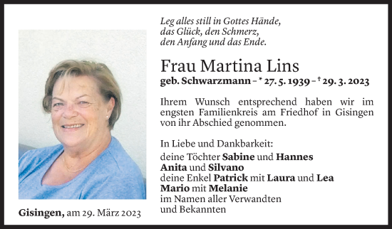 Todesanzeige von Martina Lins von Vorarlberger Nachrichten