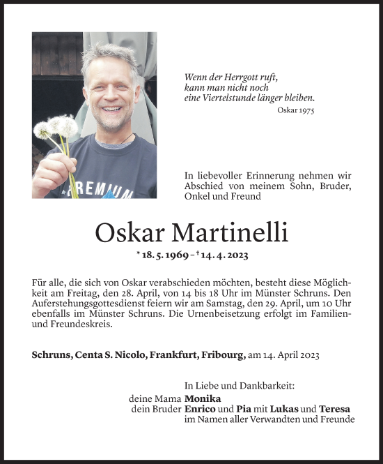 Todesanzeige von Oskar Martinelli von Vorarlberger Nachrichten