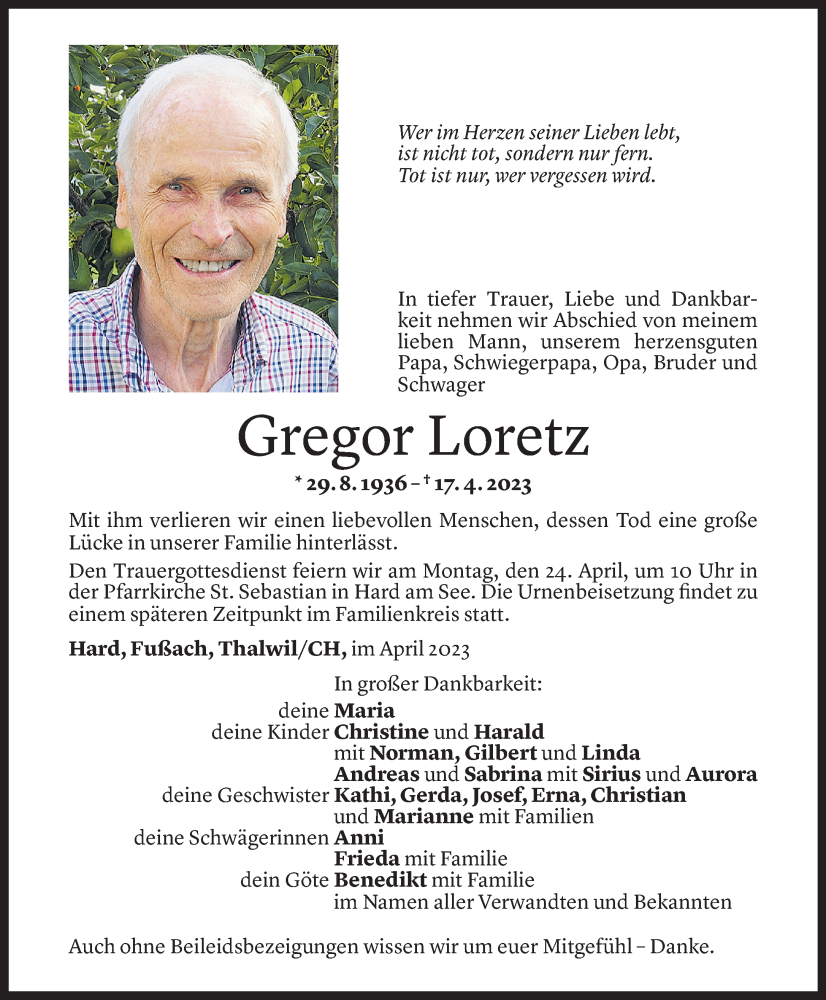  Todesanzeige für Gregor Loretz vom 21.04.2023 aus Vorarlberger Nachrichten