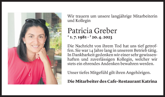 Todesanzeige von Patricia Greber von Vorarlberger Nachrichten
