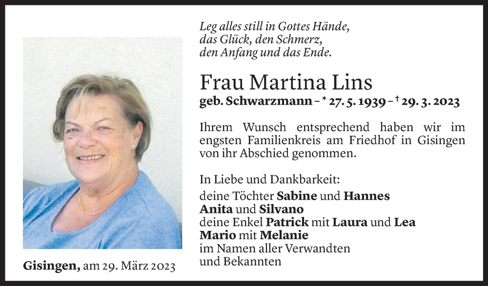 Todesanzeige für Martina Lins vom 04.04.2023 aus Vorarlberger Nachrichten