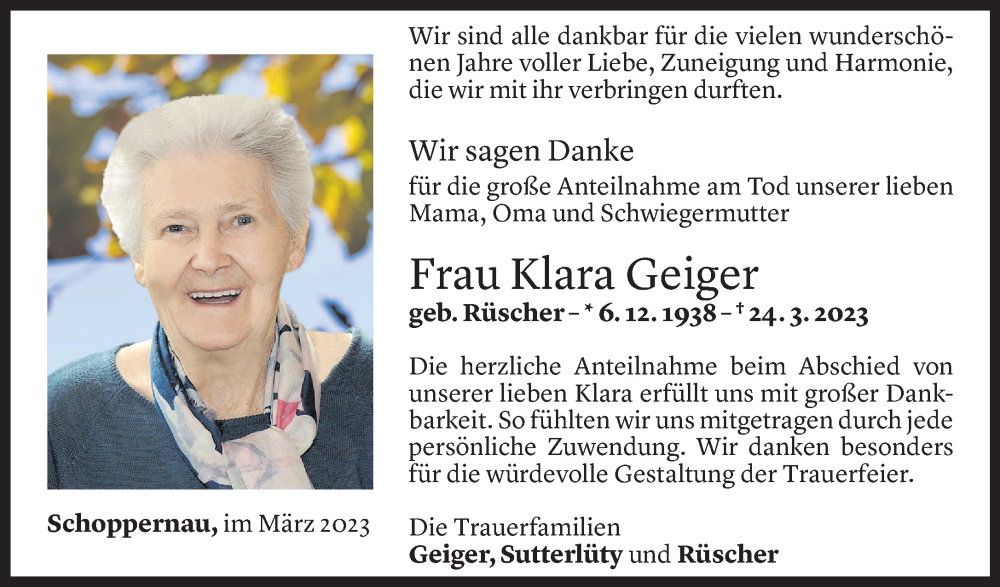  Todesanzeige für Klara Geiger vom 27.04.2023 aus Vorarlberger Nachrichten