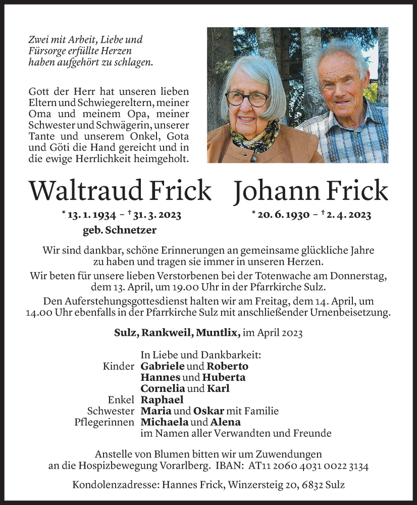  Todesanzeige für Waltraud Frick vom 08.04.2023 aus Vorarlberger Nachrichten