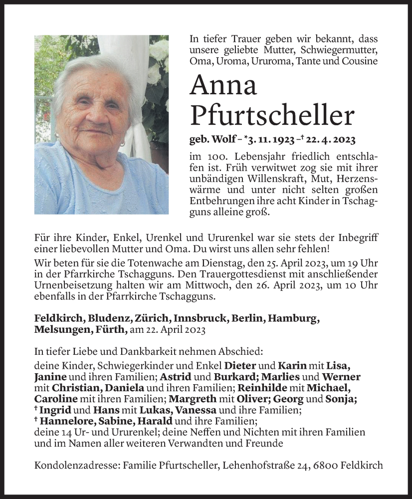  Todesanzeige für Anna Pfurtscheller vom 24.04.2023 aus Vorarlberger Nachrichten