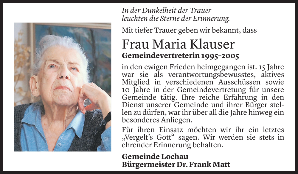 Todesanzeige für Maria Klauser vom 20.04.2023 aus Vorarlberger Nachrichten