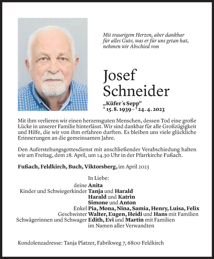  Todesanzeige für Josef Schneider vom 26.04.2023 aus Vorarlberger Nachrichten