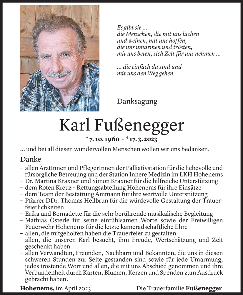  Todesanzeige für Karl Fußenegger vom 15.04.2023 aus Vorarlberger Nachrichten