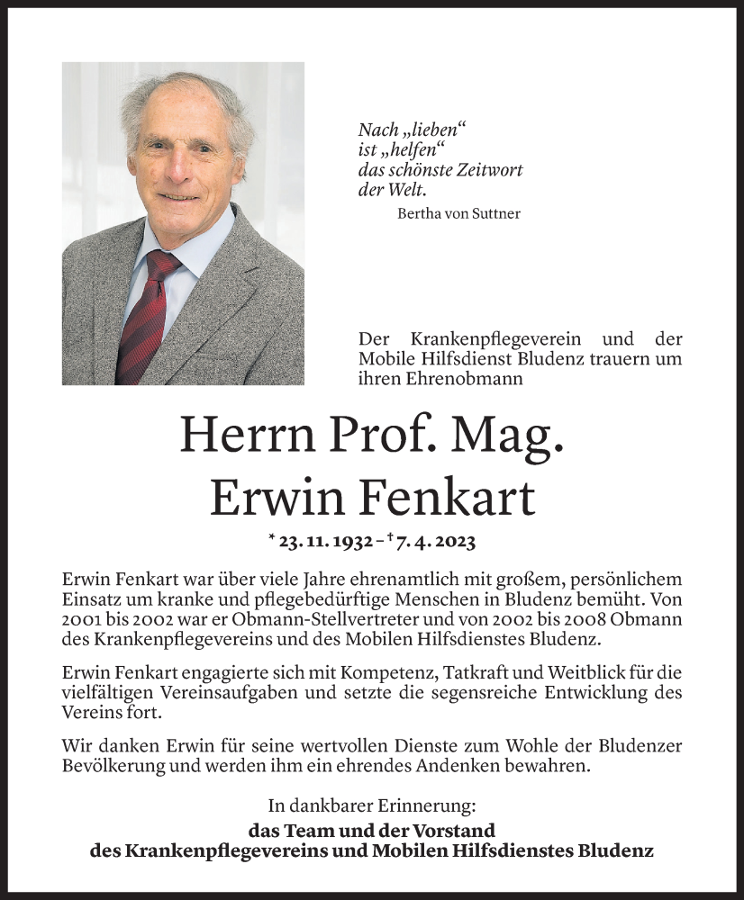  Todesanzeige für Erwin Fenkart vom 15.04.2023 aus Vorarlberger Nachrichten