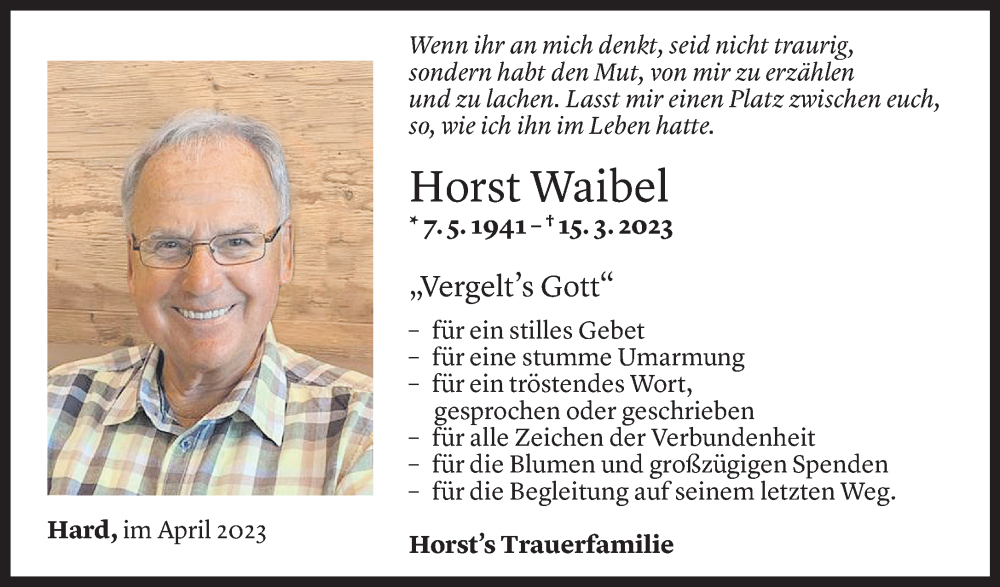  Todesanzeige für Horst Waibel vom 07.04.2023 aus Vorarlberger Nachrichten