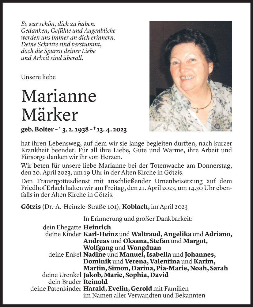  Todesanzeige für Marianne Märker vom 18.04.2023 aus Vorarlberger Nachrichten