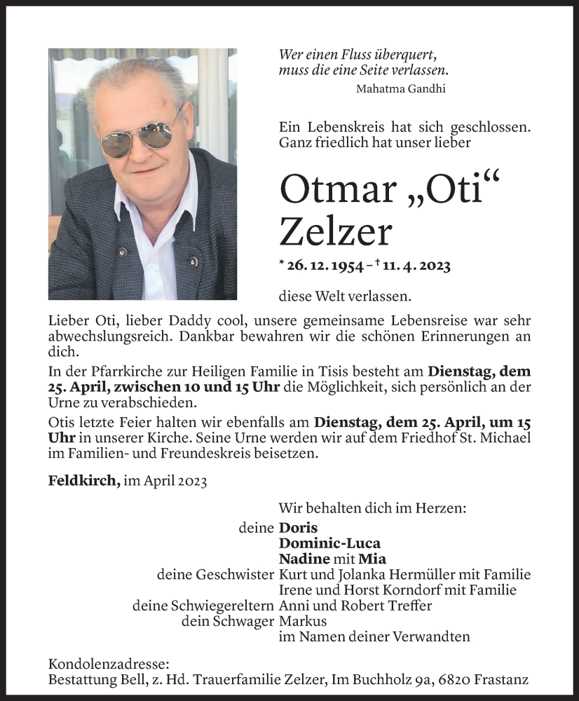  Todesanzeige für Otmar Zelzer vom 21.04.2023 aus Vorarlberger Nachrichten