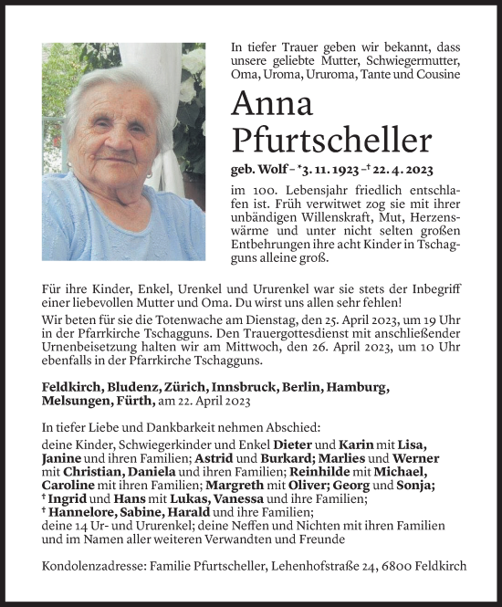 Todesanzeige von Anna Pfurtscheller von Vorarlberger Nachrichten