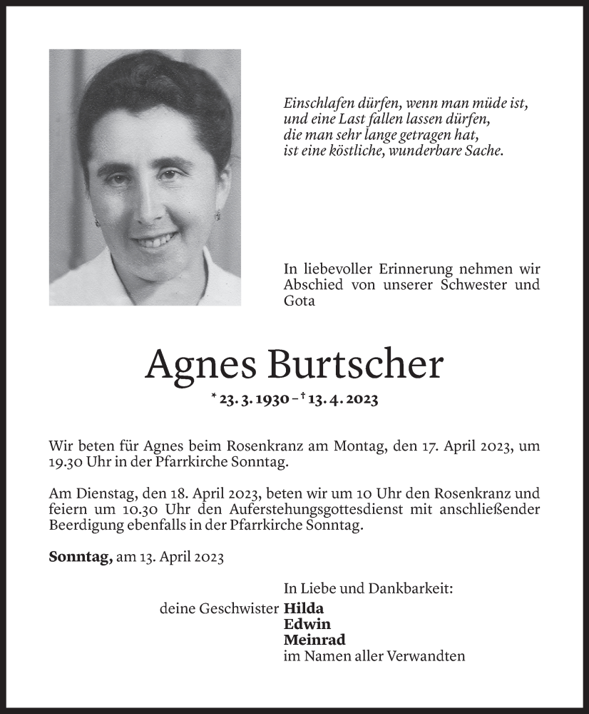  Todesanzeige für Agnes Burtscher vom 15.04.2023 aus Vorarlberger Nachrichten