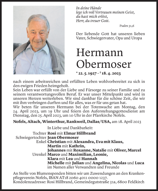 Todesanzeige von Hermann Obermoser von Vorarlberger Nachrichten