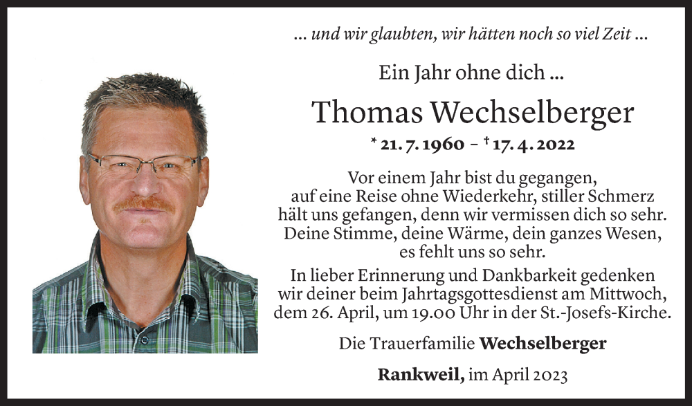  Todesanzeige für Thomas Wechselberger vom 17.04.2023 aus Vorarlberger Nachrichten