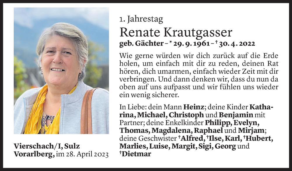  Todesanzeige für Renate Krautgasser vom 28.04.2023 aus Vorarlberger Nachrichten