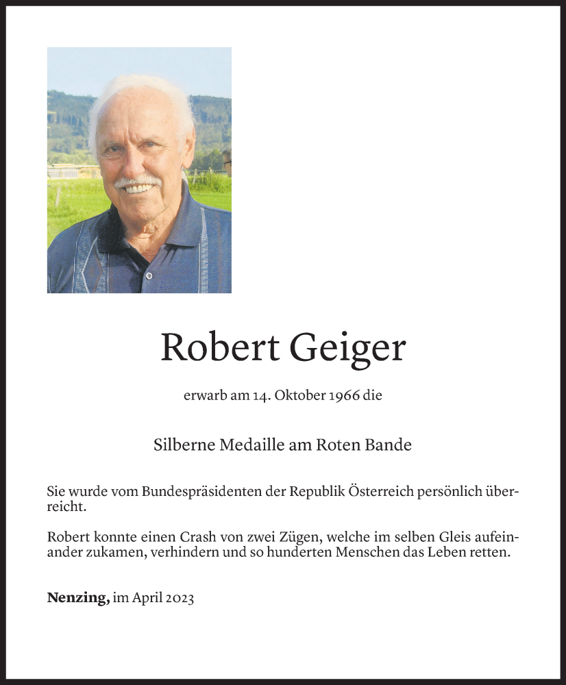  Todesanzeige für Robert Geiger vom 05.04.2023 aus Vorarlberger Nachrichten