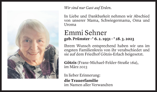 Todesanzeige von Emmi Sehner von Vorarlberger Nachrichten