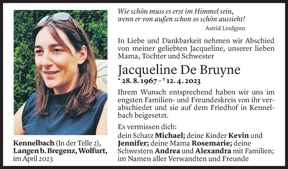  Todesanzeige für Jacqueline De Bruyne vom 22.04.2023 aus Vorarlberger Nachrichten
