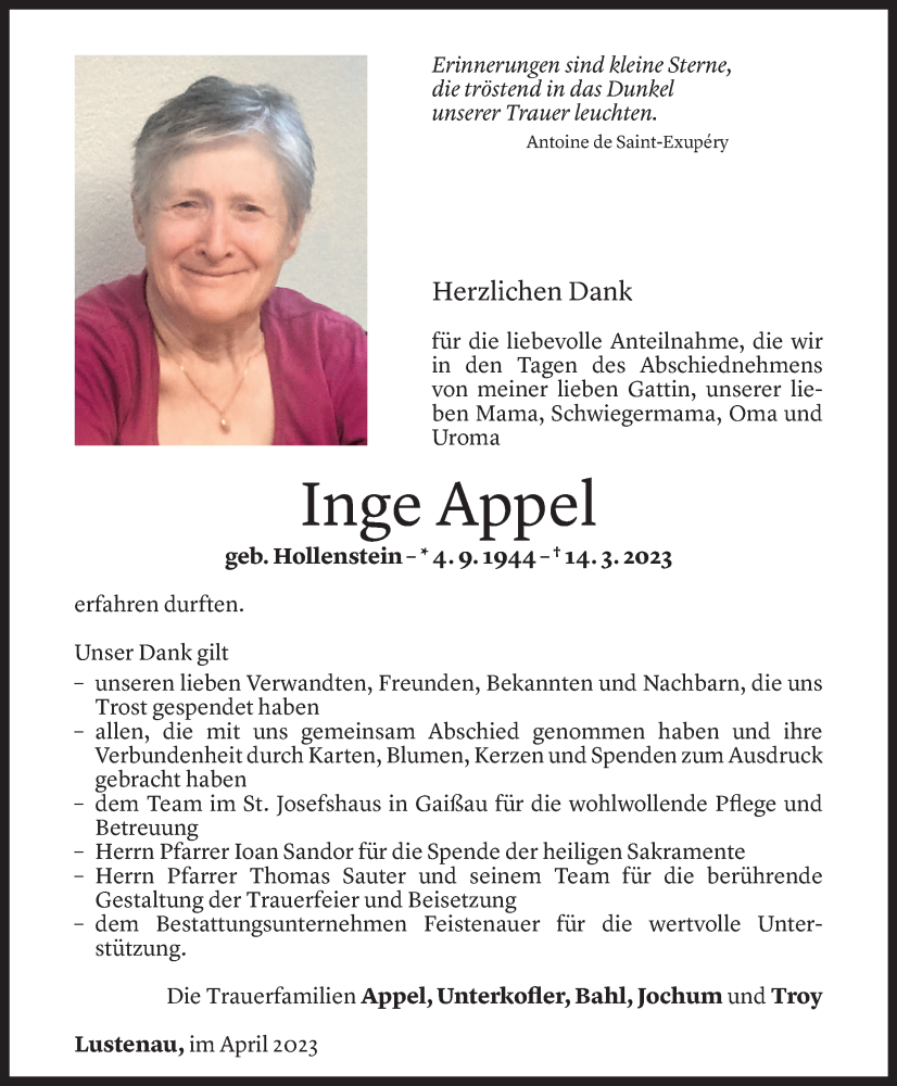 Todesanzeige für Inge Appel vom 06.04.2023 aus Vorarlberger Nachrichten